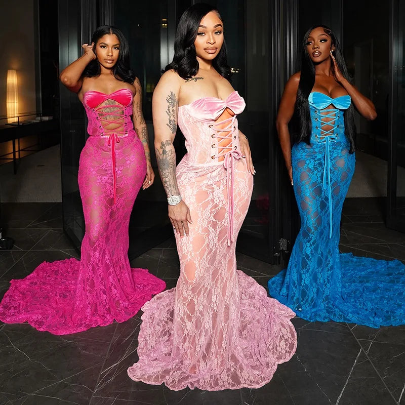 Lace Up Hollow Out Corset Tube Maxi Dress