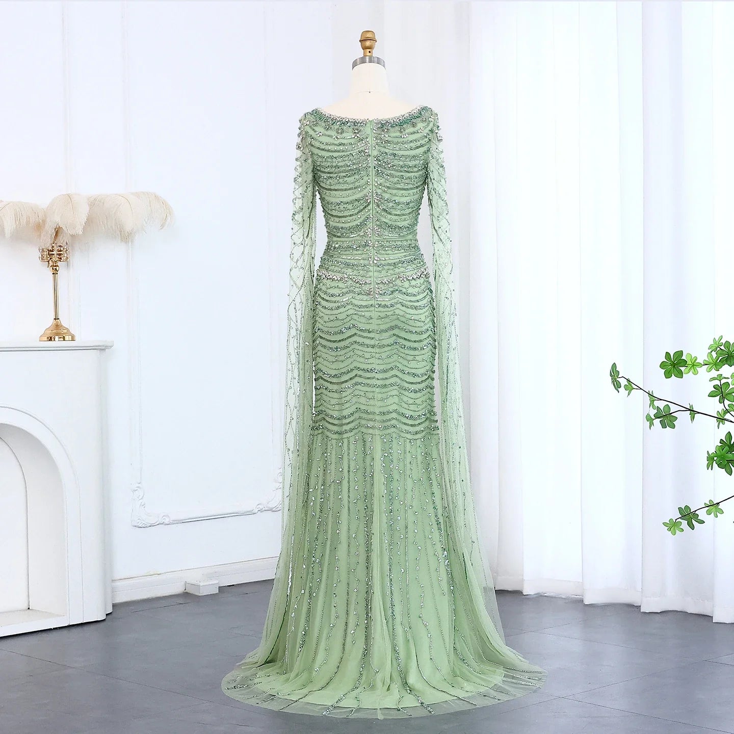 Caramel Square Neck Mermaid Evening Dress Cape Sleeves