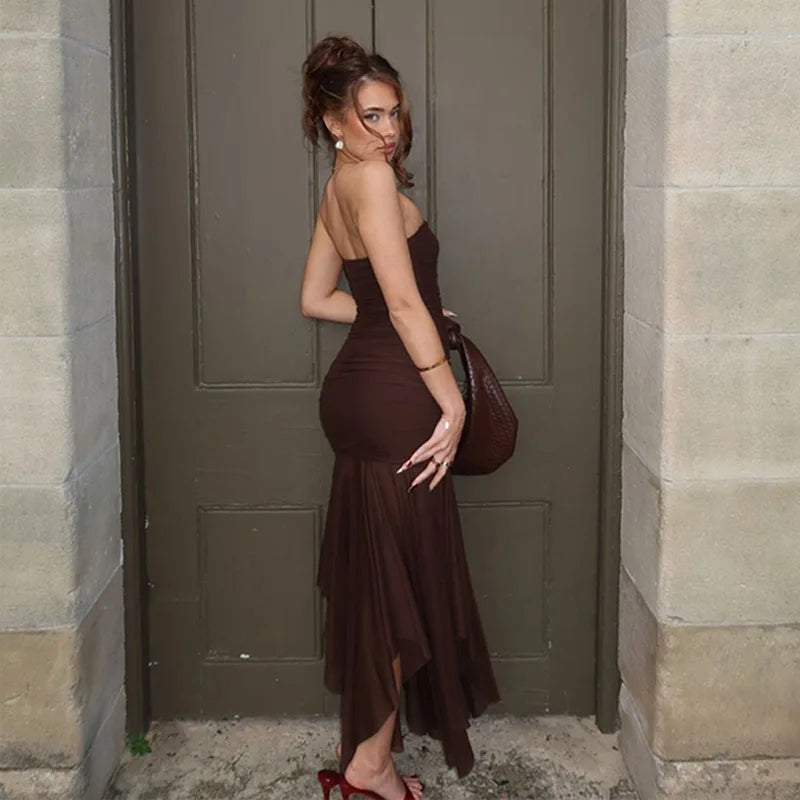 Brown Off-shoulder Strapless Long Dress