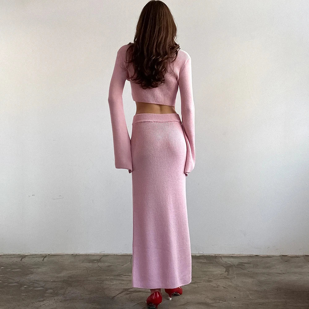 Knit Solid Lace-up Cardigan Top Slit Long Skirt Set