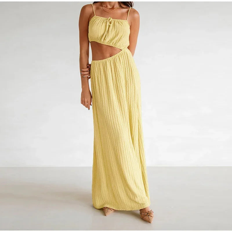 Lace Up Solid Color Open Back Long Dress