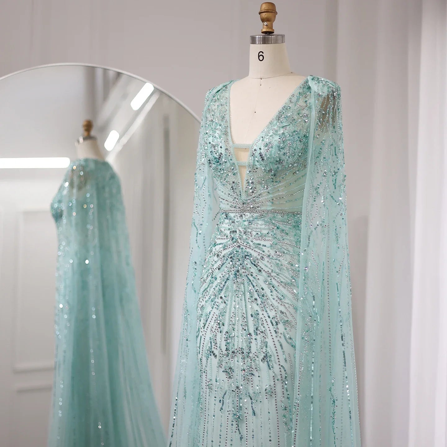 Silver-Gray Mermaid Evening Gown with Cape