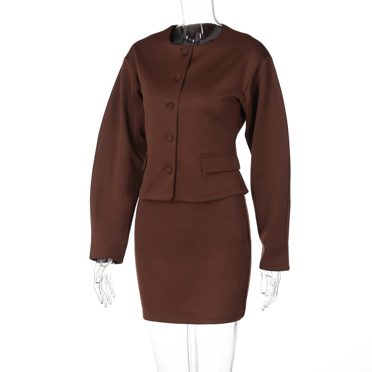 Round Neck Long Sleeve Jacket Mini Skirt Suit