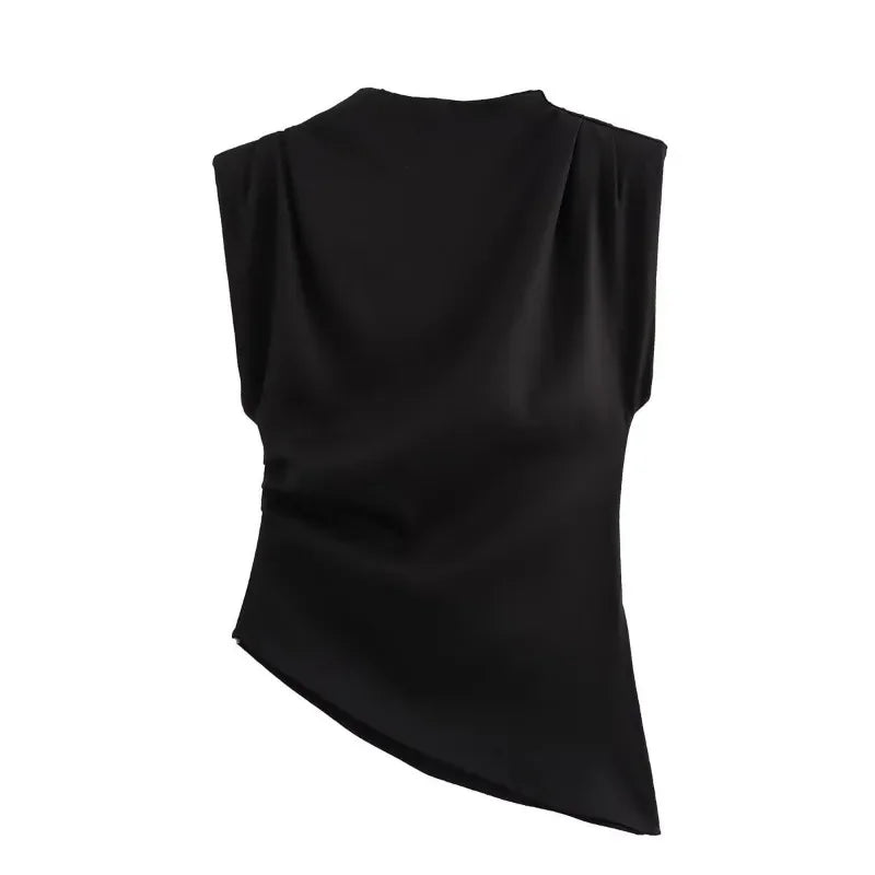 Sleeveless Cropped Top Pleated Round Neck Vest T-Shirt