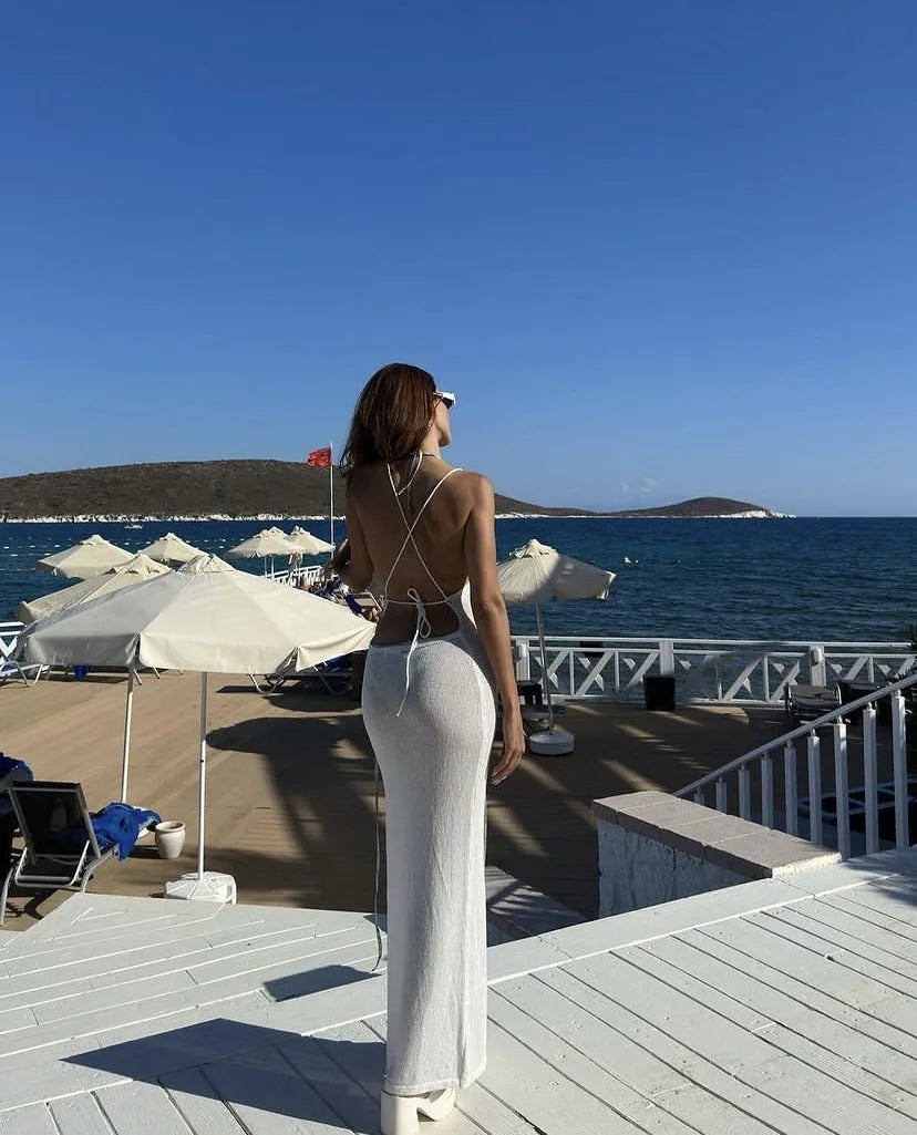 Knitted Cover Up Slit Bodycon Halter Neck Long Dress