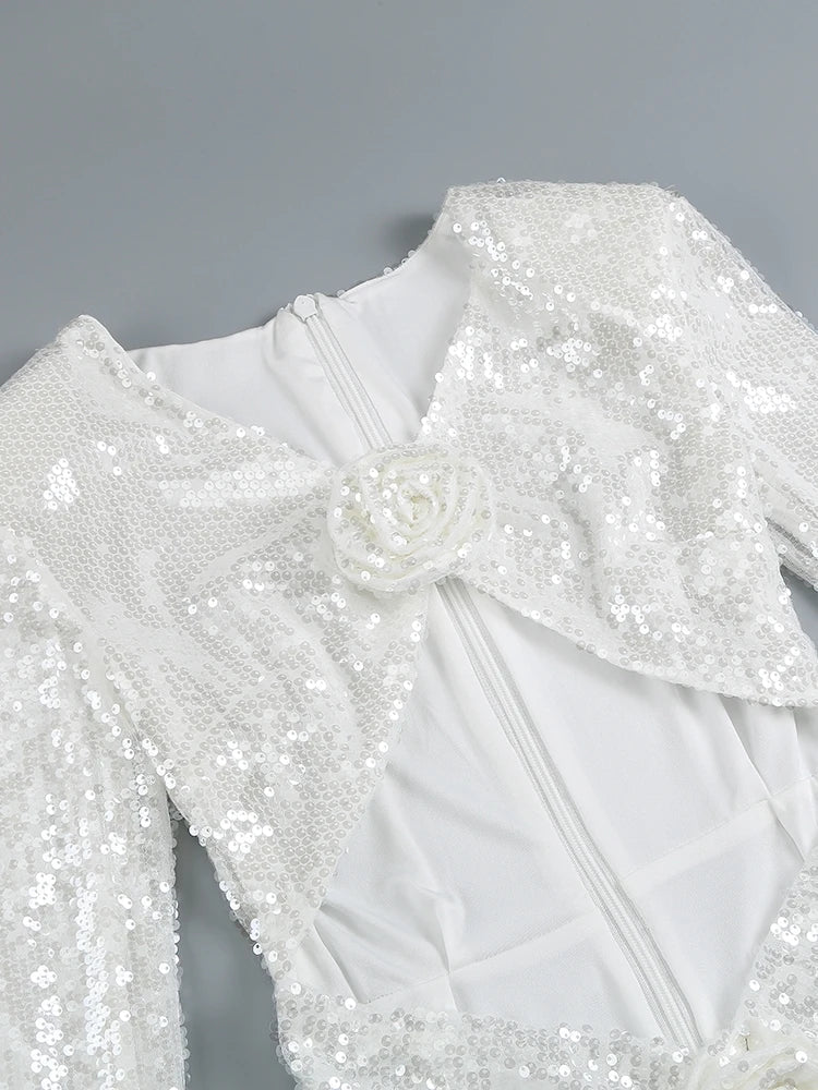 Sequins White Hollow Flower Design Long Dress