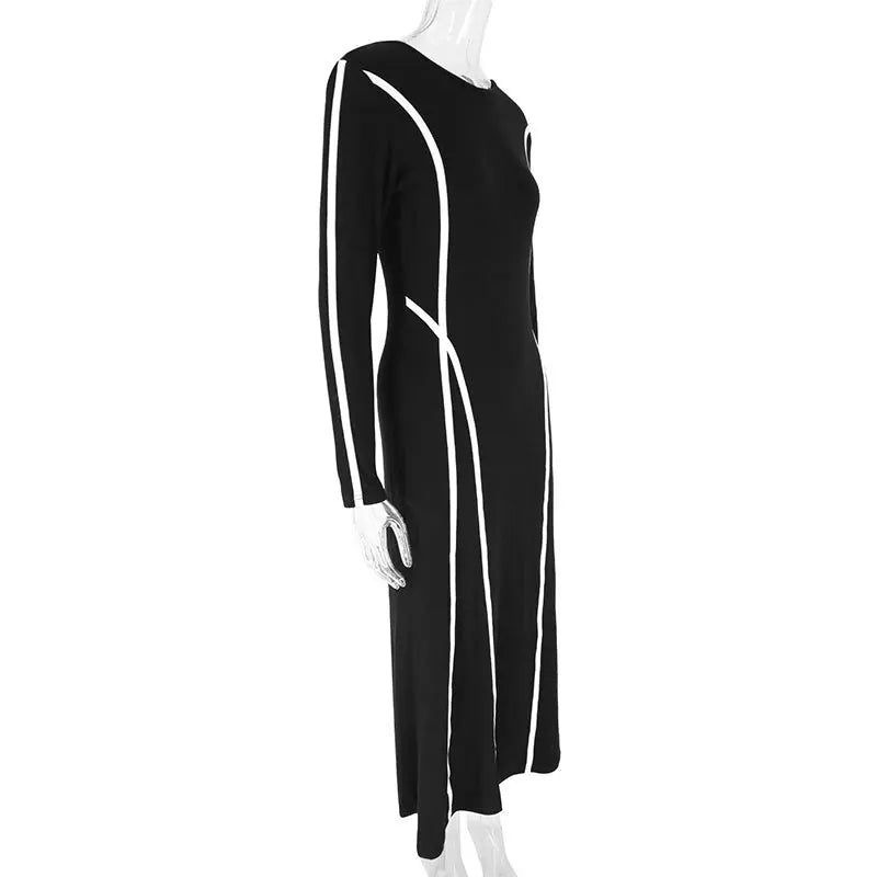 Round Neck Striped Black Long Sleeve Dress