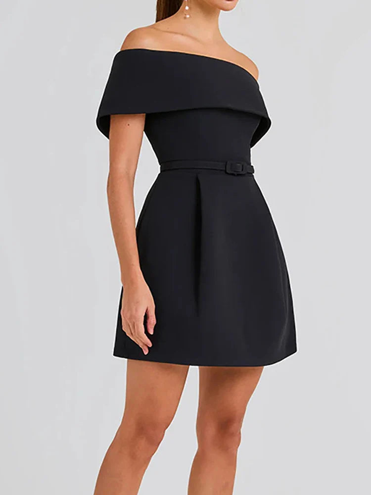 Belt Patchwork Short Sleeve Off The Shoulder Dress
