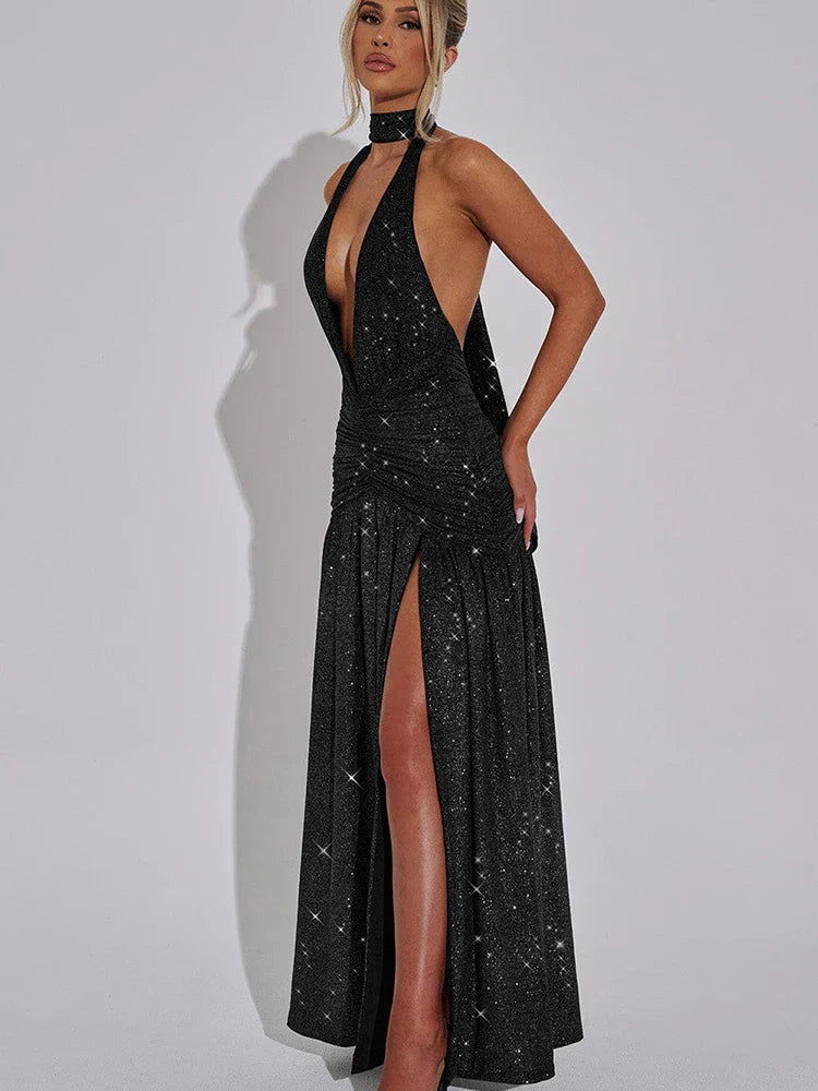 Glitter Bright Silk High Slit Halter Dress