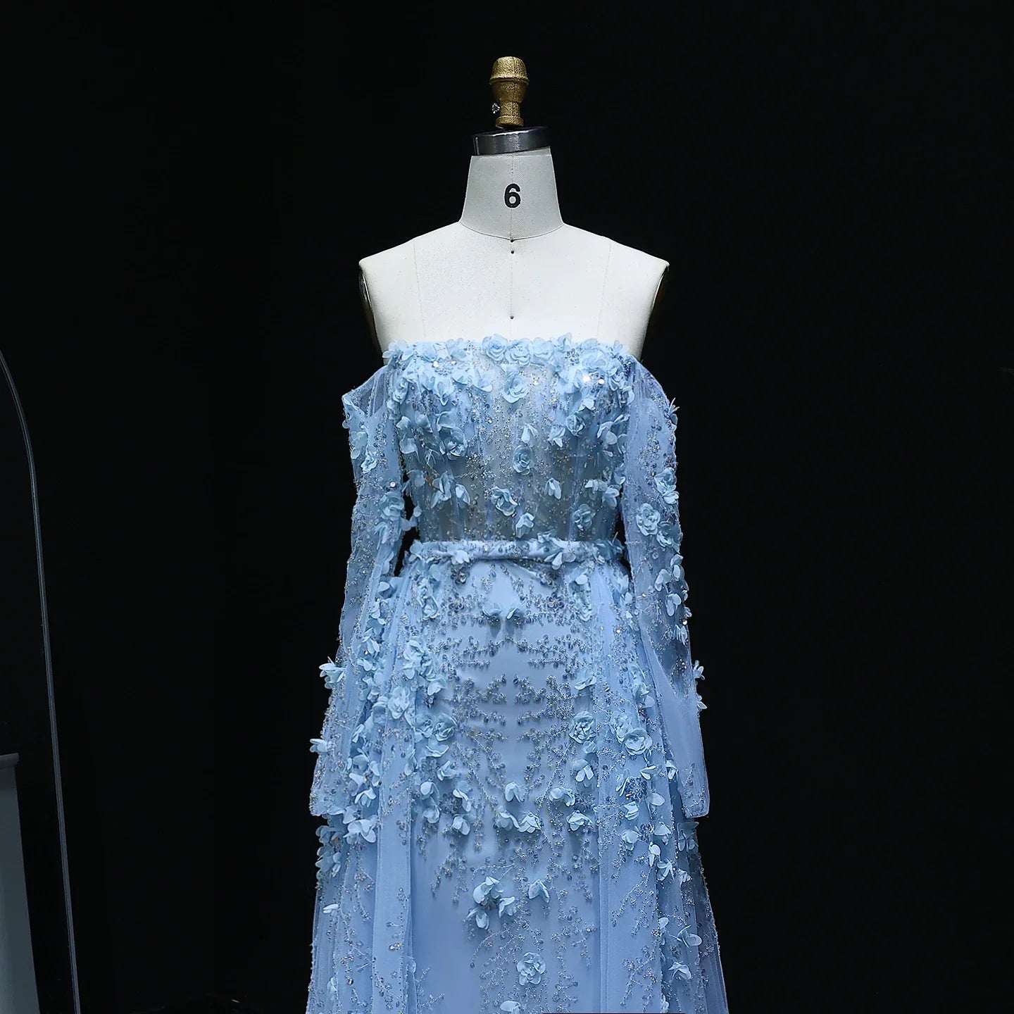 3D Flowers Evening Dress with Overskirt Long Sleeves AmiEmi 3D Flowers Evening Dress with Overskirt Long Sleeves AmiEmi