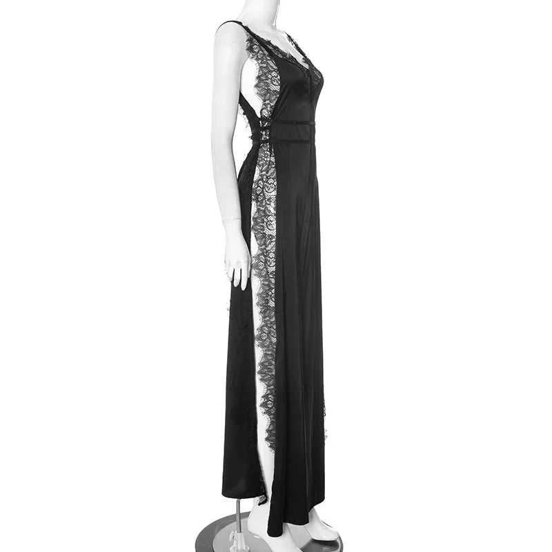 Lace Satin Patchwork High Split Maxi Dress