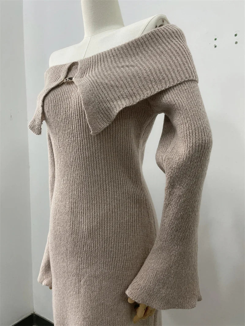 Fluffy Solid Knitted Off Shoulder Midi Dress