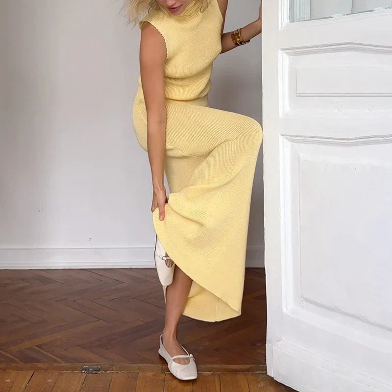 Solid Tank Top And Midi Skirt Knitted 2pcs Set