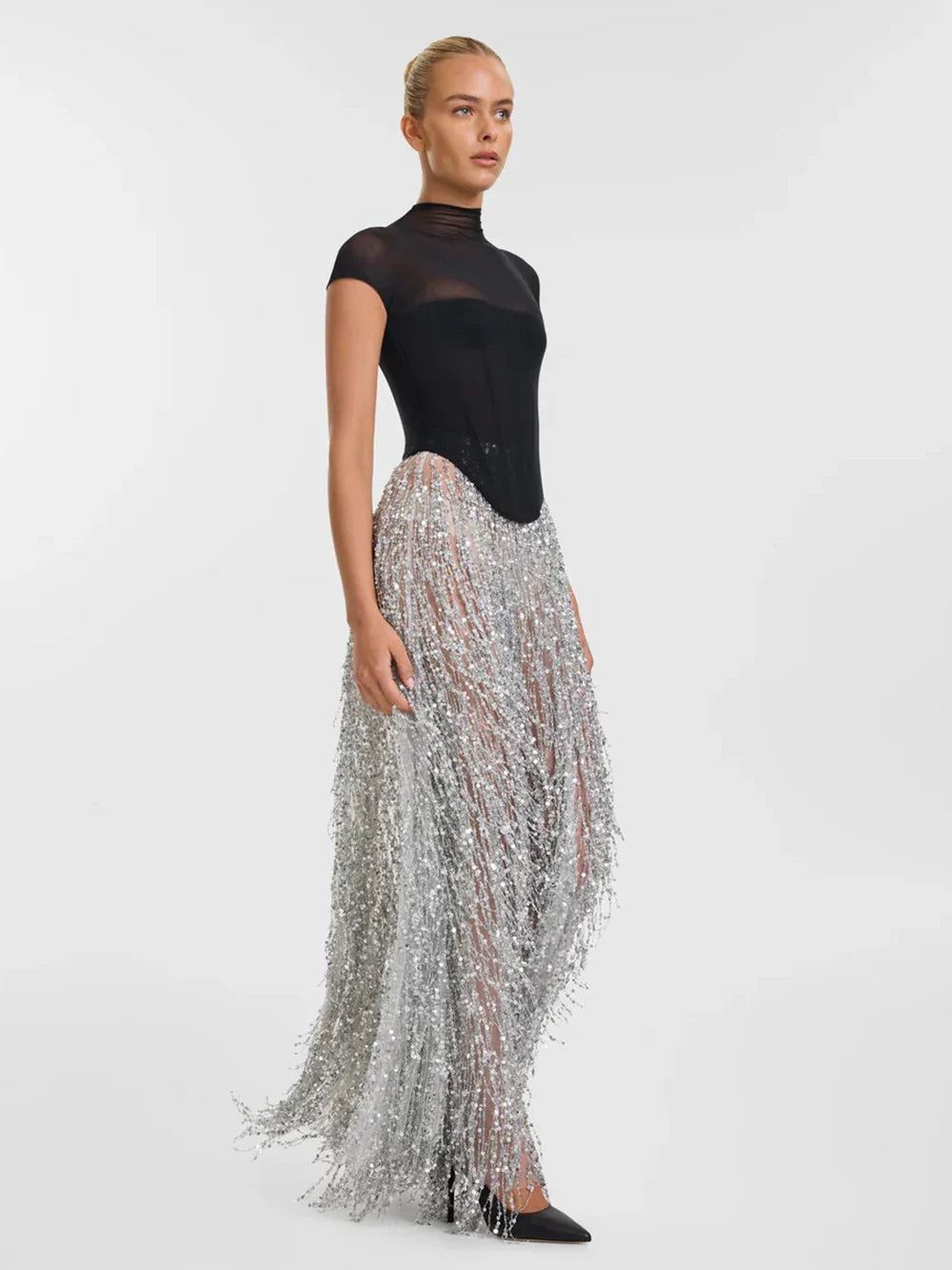 Black Fishbone Top Sequin Mesh Long Skirt Set