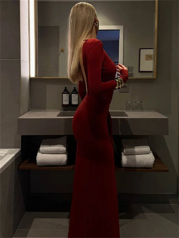 Red Lace-Up Pleated Long Sleeve Maxi Dress
