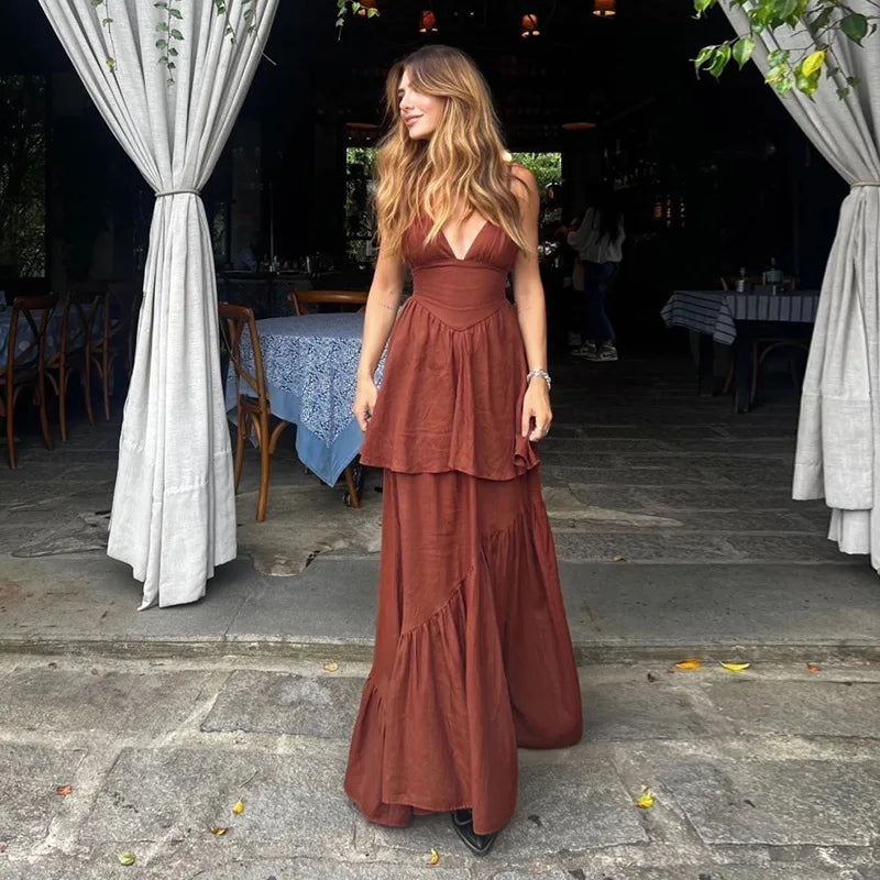 Brown V-neck Layered Maxi Dress