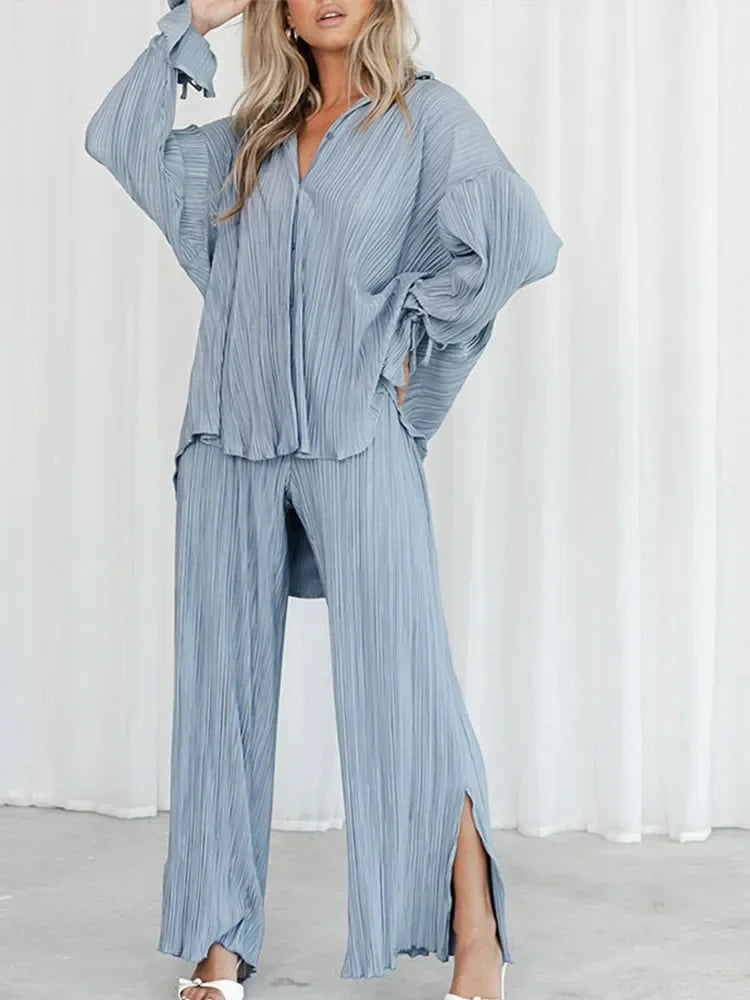 2 Piece Set Blouse Tops and Split Wide Leg Pants