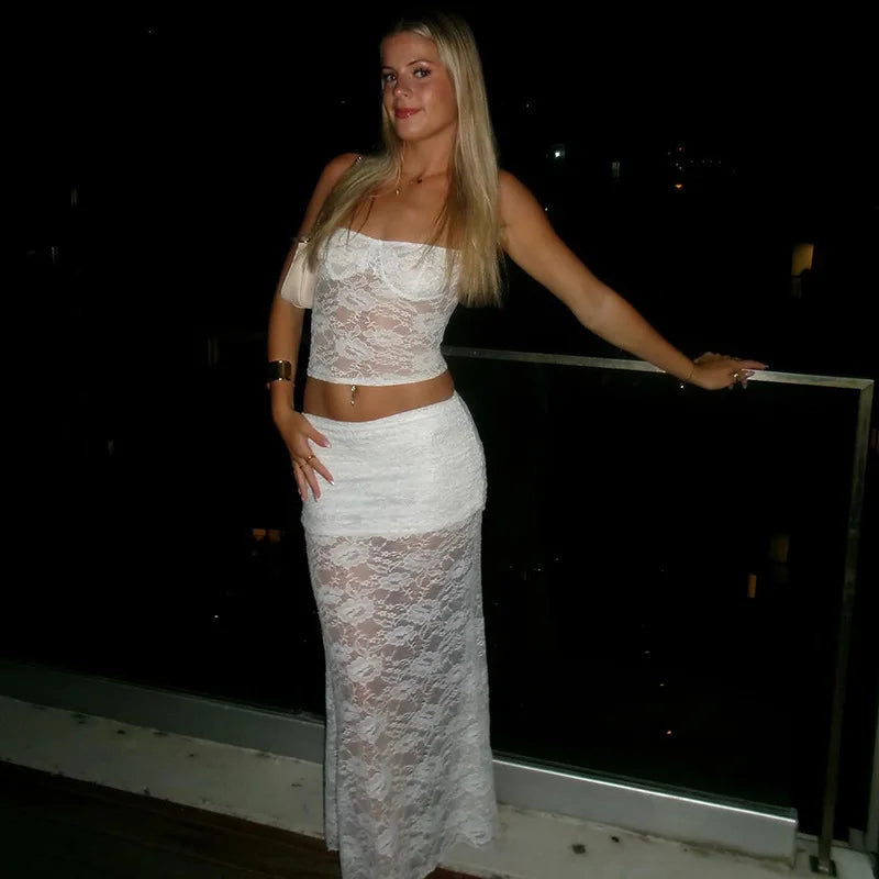 White Halter Top And Sheer Mesh Long Skirt Suit