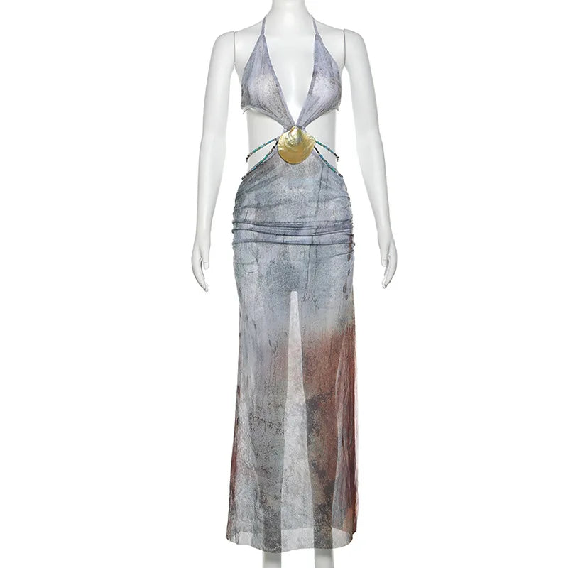 Backless Split Abstract Printed Mesh Sheer Dress