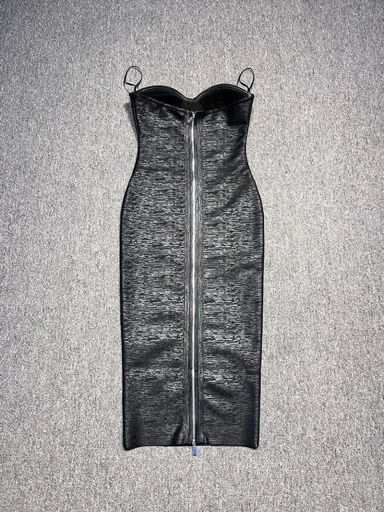 Strapless V-Neck Black Foil  Bandage Dress
