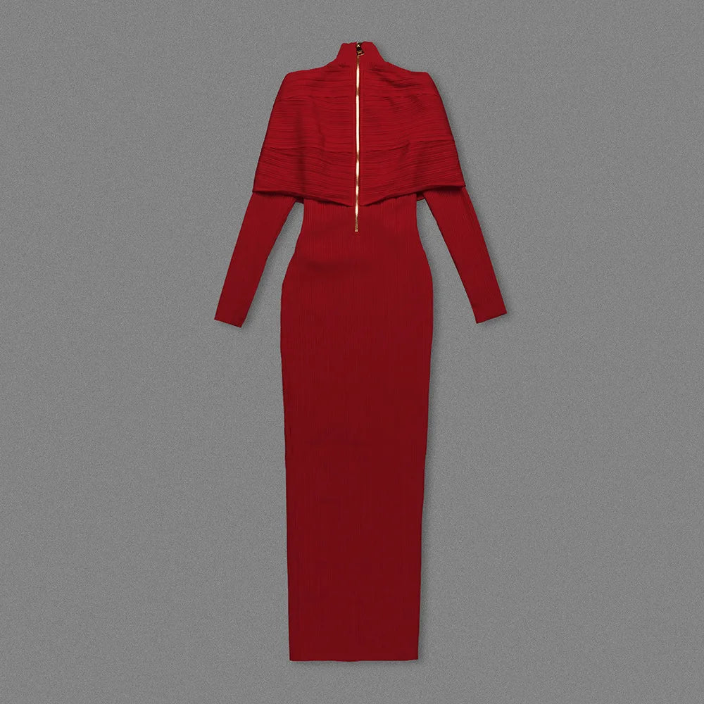 Red Bandage Turtle Neck Cross Design Long Dress