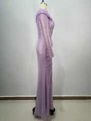 Off-Shoulder Long Sleeve Asymmetric Mesh Dress