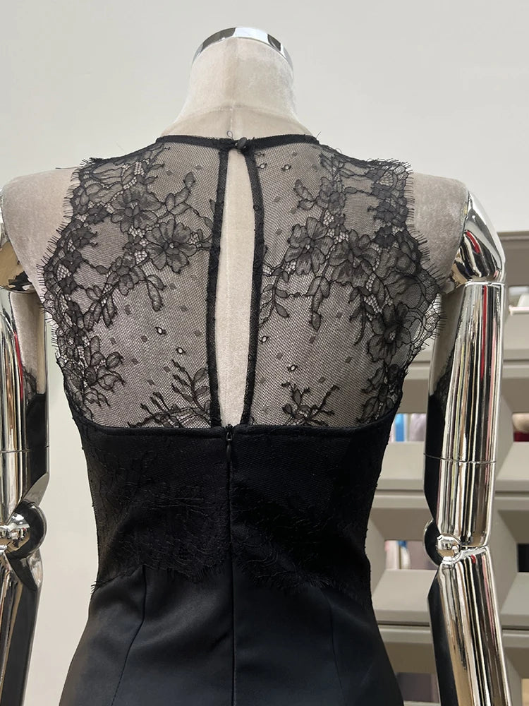 Black Lace Patchwork O Neck Mini Dress