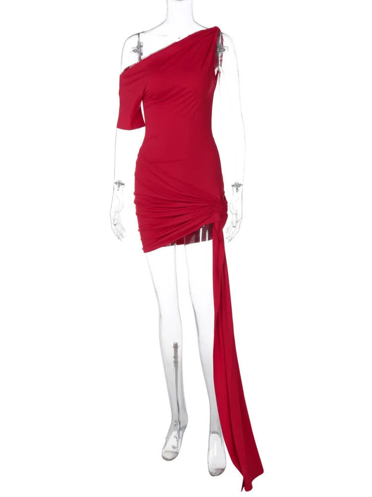 Oblique-Shoulder Backless Irregular Draped Dress