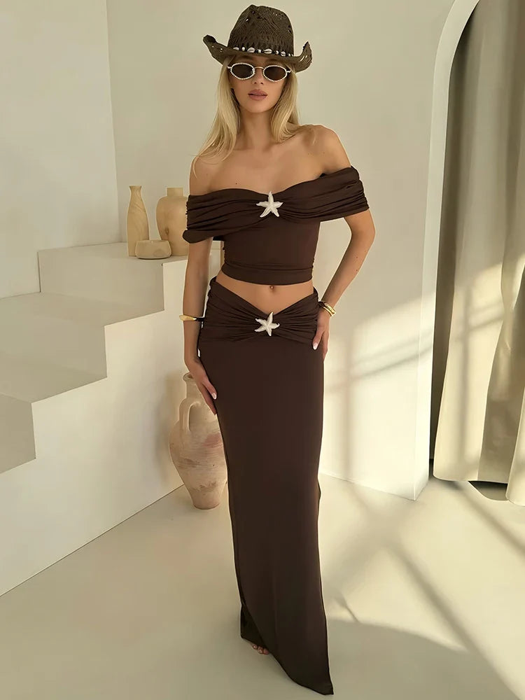 Off-shoulder Tops Thigh Split Long Skirt Two Pieces Sets