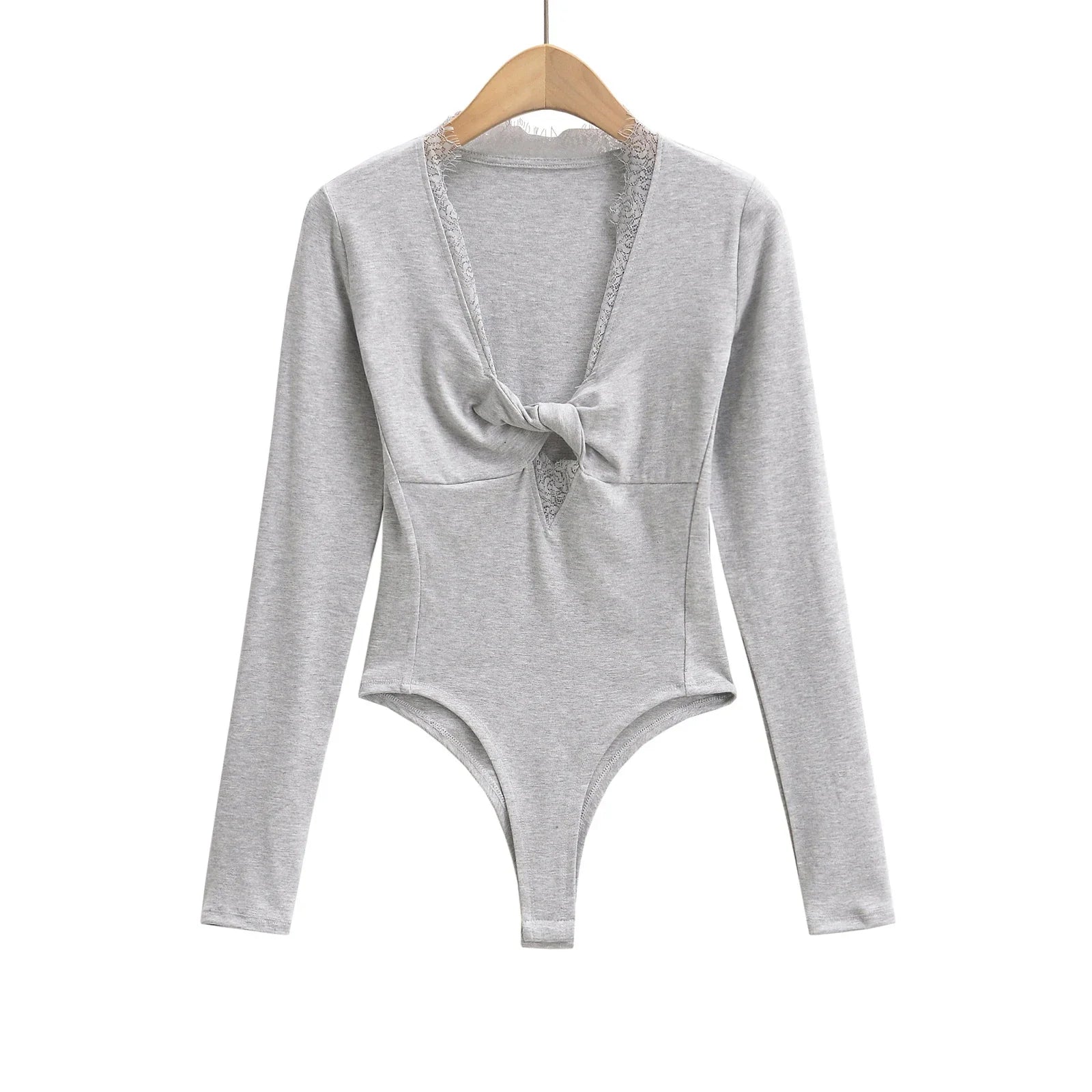 Spliced Lace Bow V neck Jersey Long Sleeve Bodysuit