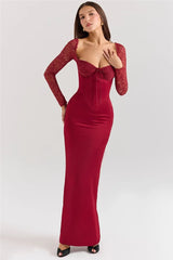 Square Collar Lace-Up Backless Long Sleeve Maxi Dress