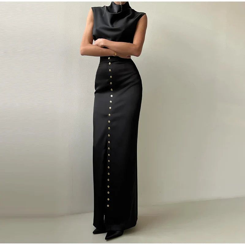 Sleeveless Top Suit With Front Split Skirt