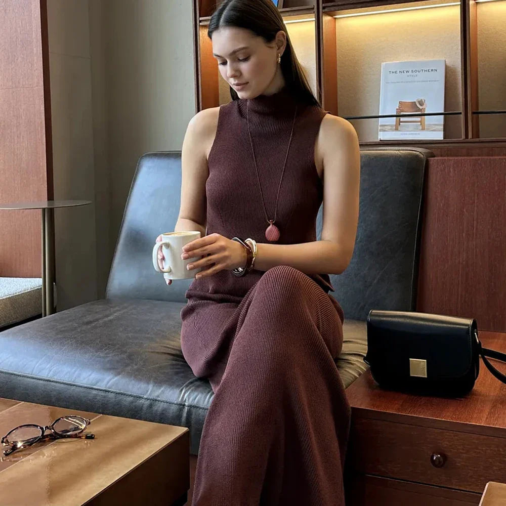 Solid Knit Sleeveless Top Long Skirt Set