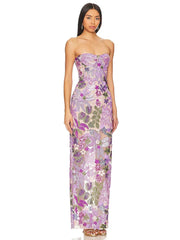 Sequin Floral-Embellished Lavender Strapless Dress