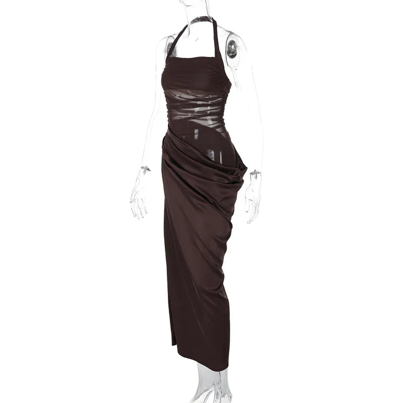Mesh Patchwork Backless Halter Bodycon Gown