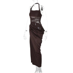Mesh Patchwork Backless Halter Bodycon Gown