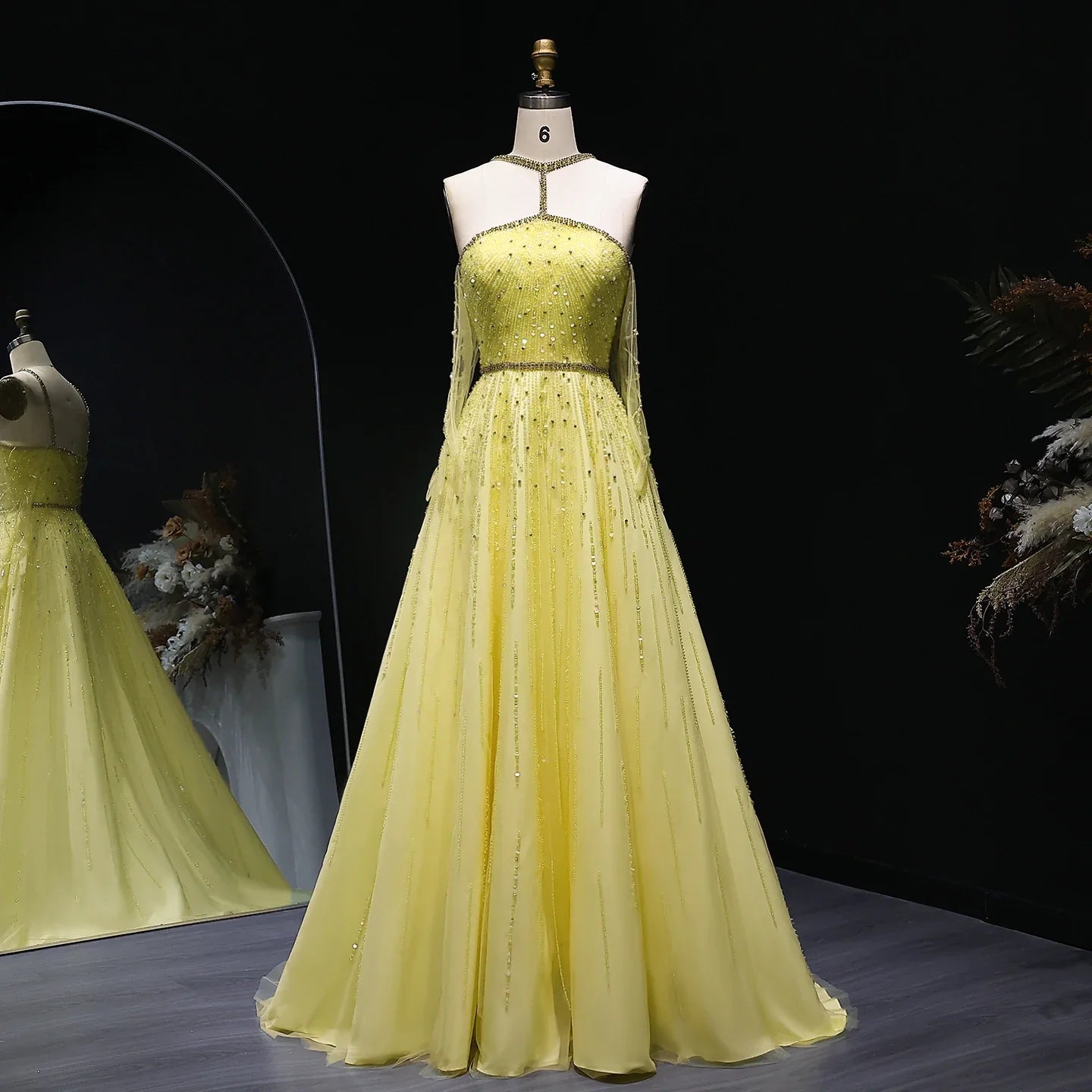 Beaded Yellow Halter Evening Dress with Gloves