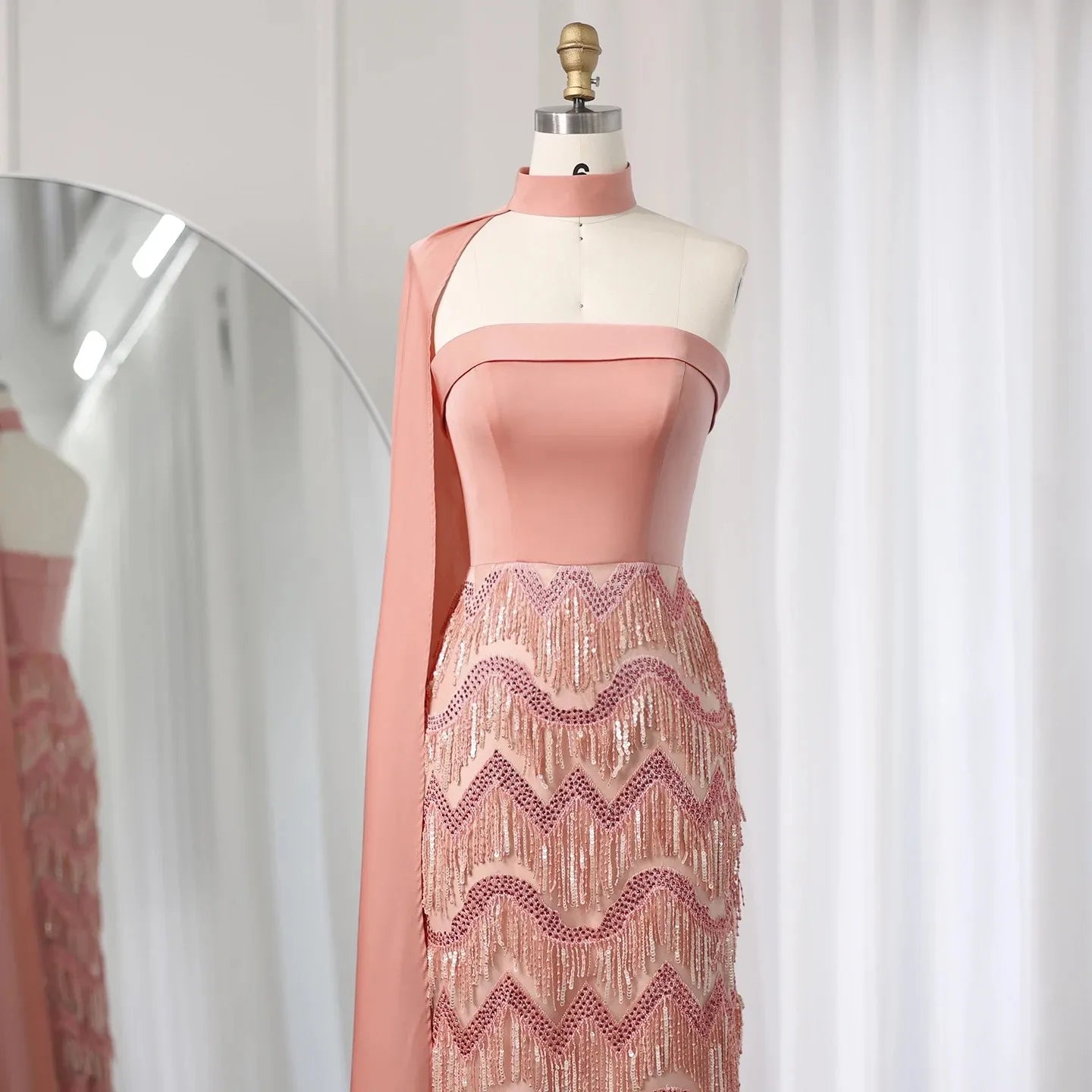 Coral Pink Evening Dress with Tassel Cape