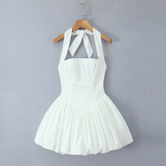 Bow Halter Slash Collar Lacing-Up Back Mini Dress