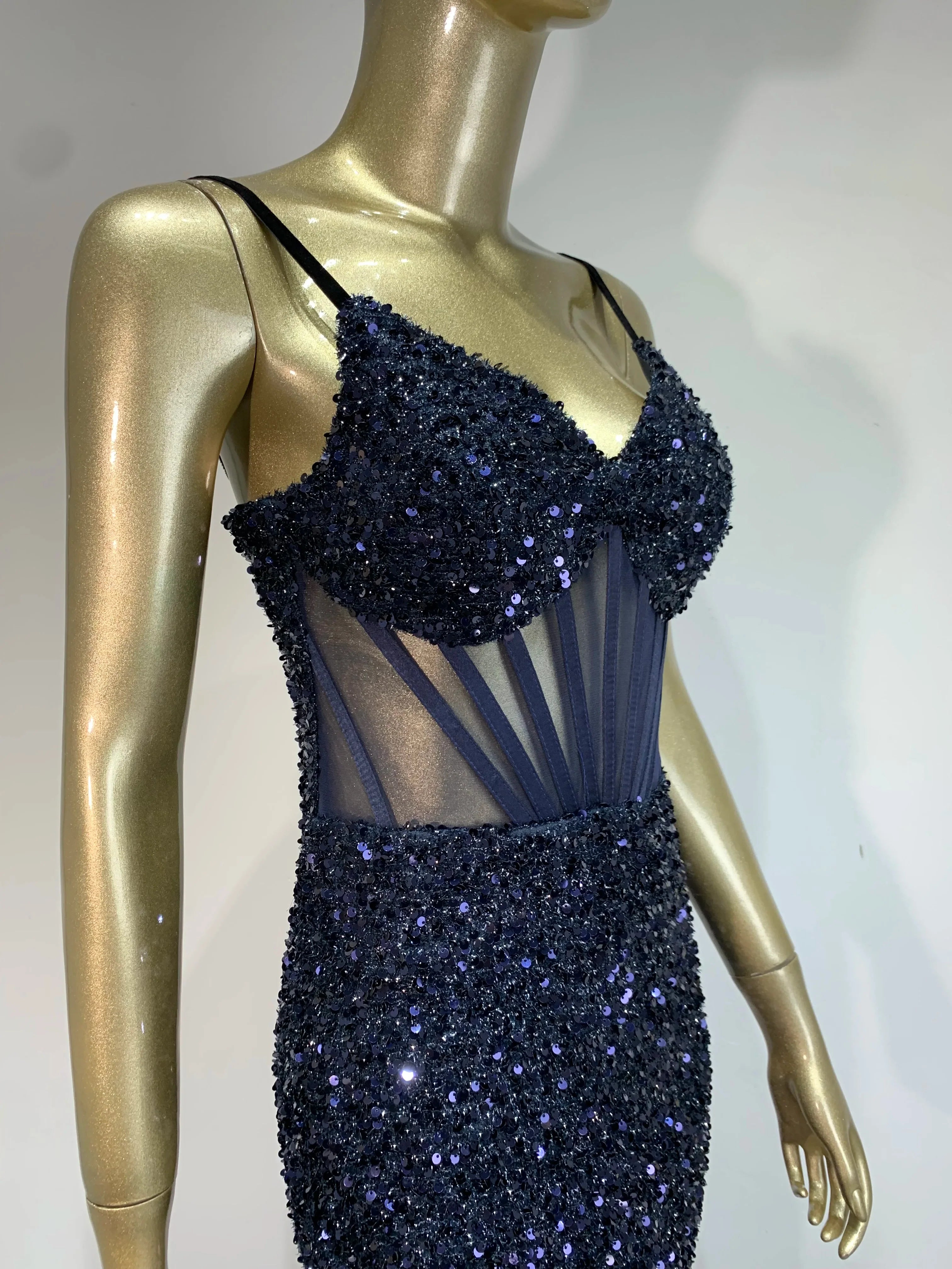 Mesh Sequins Blue Feather Long Dress