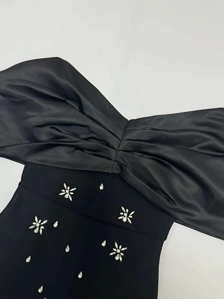 Off Shoulder Black Pleated Sleeves Crystal Dress