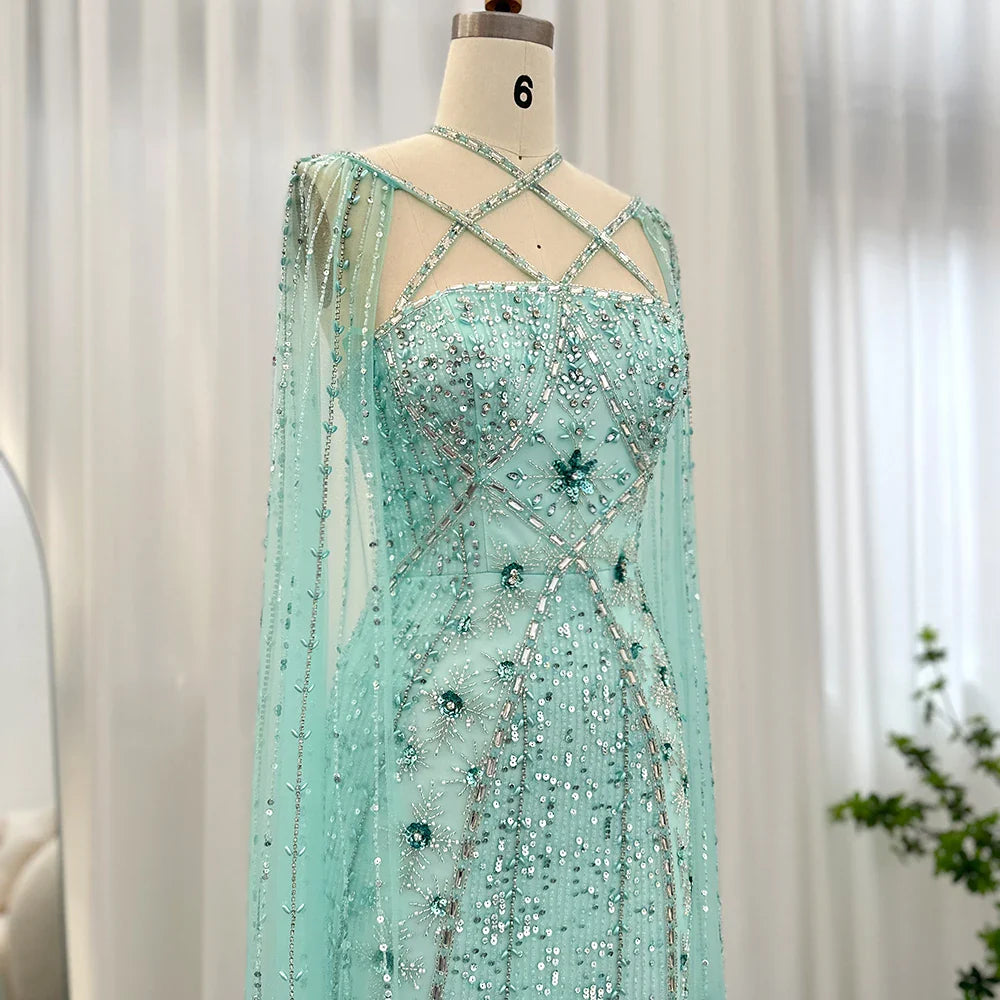 Aqua Mermaid Evening Gown with Cape Sleeves