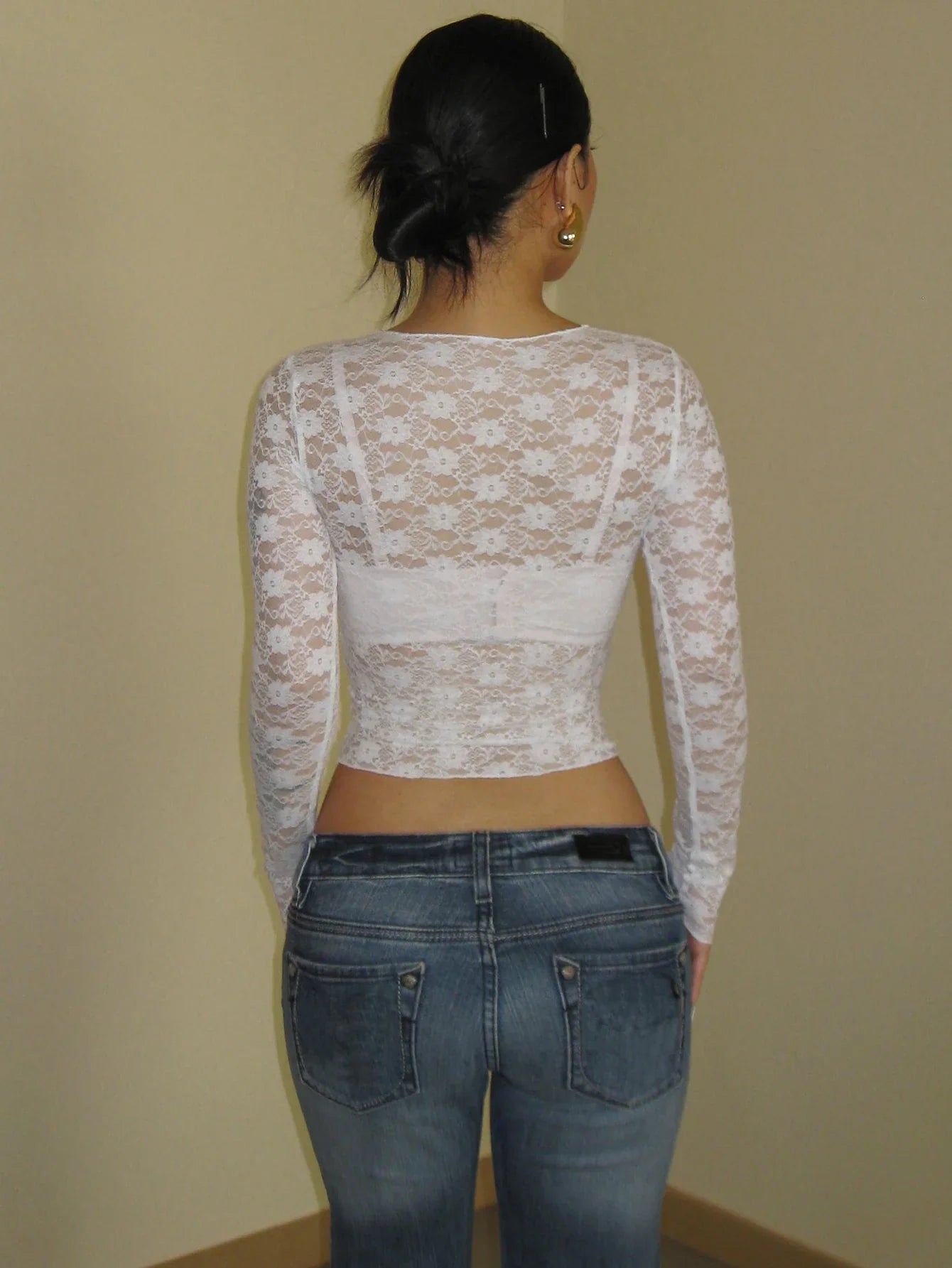 Long Sleeve See-Through Lace Crop Top for Women â€? Bodycon Party Wear