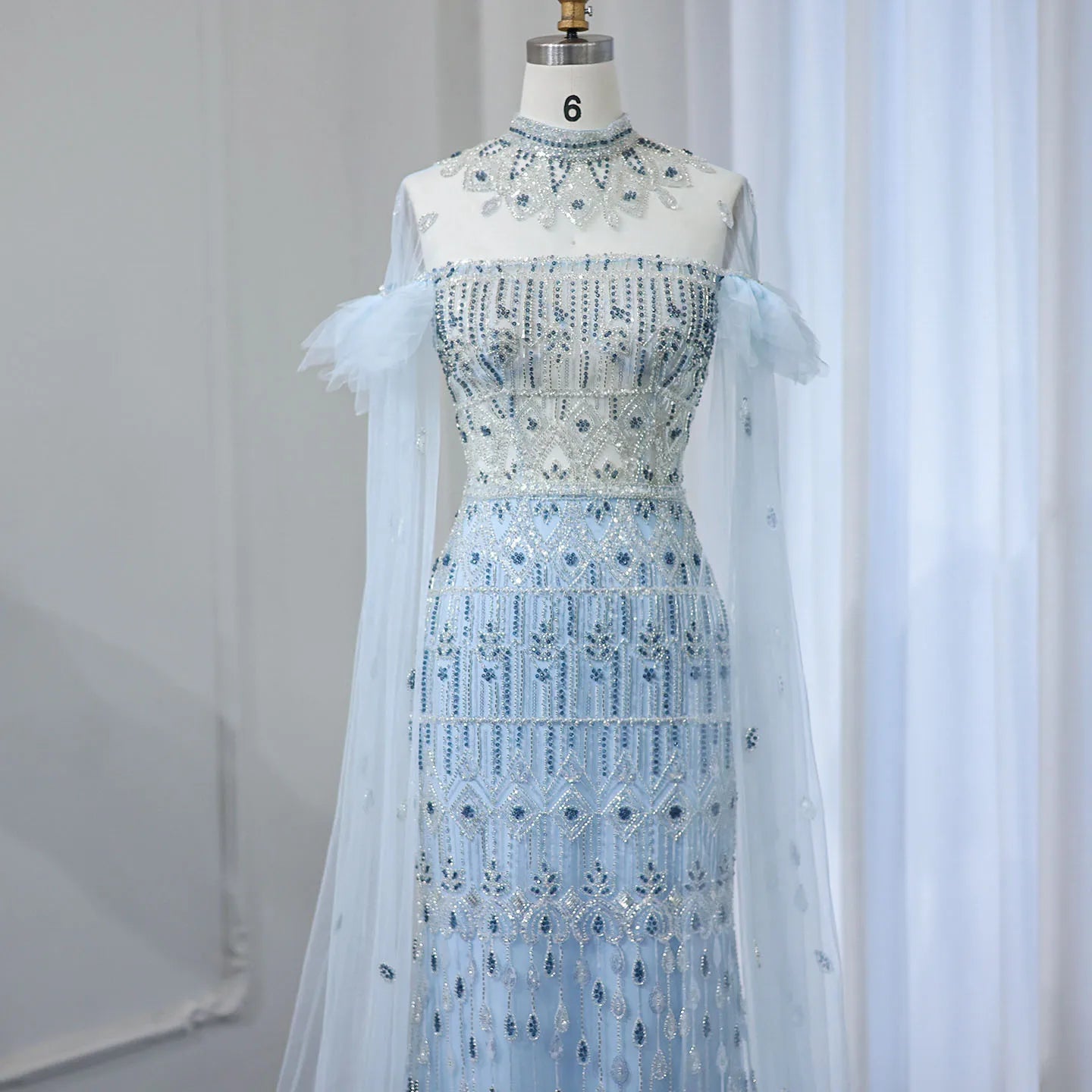 Light Blue Mermaid Evening Gown with Cape Sleeves