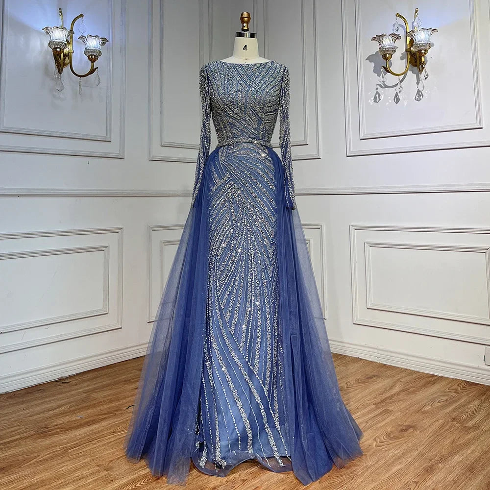 Blue Mermaid Beaded Long Sleeves Evening Gown