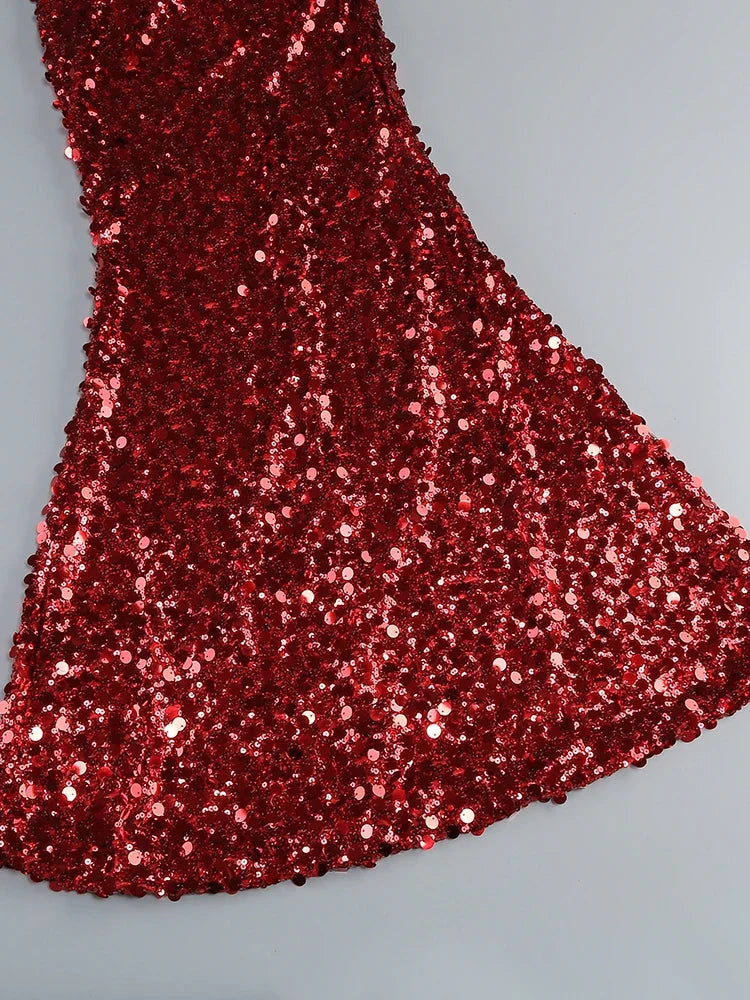 Swinging Neck Sequins Red Long Dress