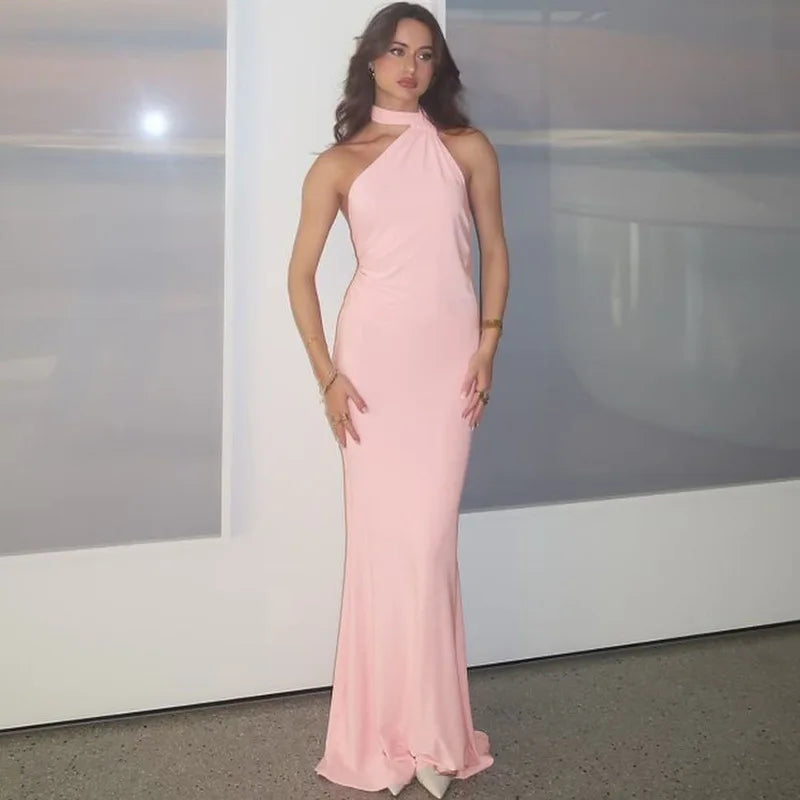 Around Halter Draped Backless Long Dress