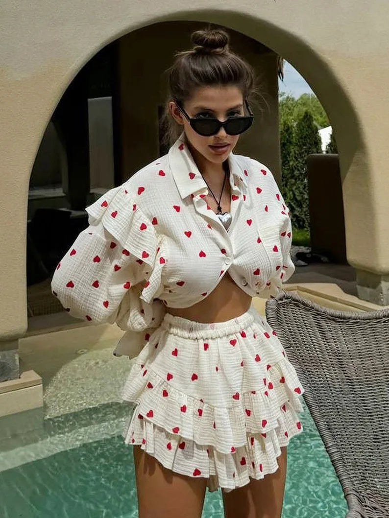 Ruffled Printed Long Sleeve Top and Shorts Sets