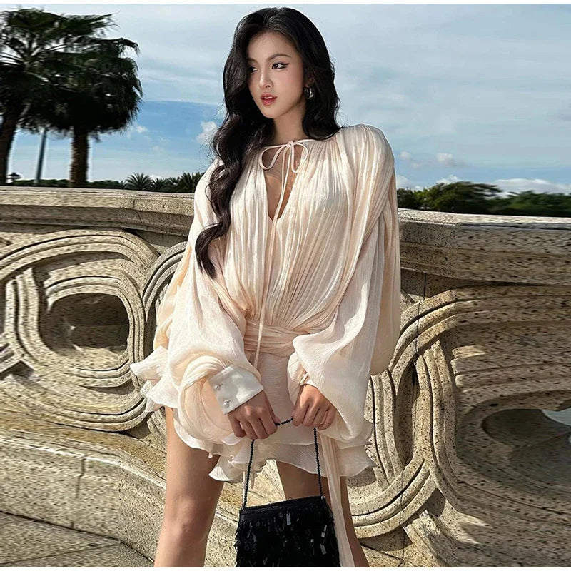 Elegant V-Neck Lace-Up  Summer Style Mini Dress