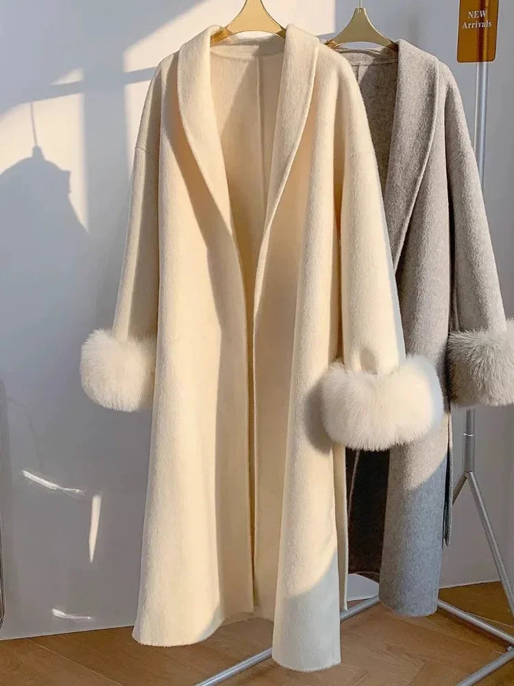 Lace-Up Fur Fluffy Lapel Long Sleeve Overcoat